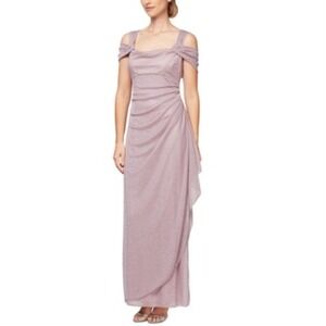 Alex Evenings Petite Cold-Shoulder Draped Metallic Gown - Mauve Pink Size‎ 16